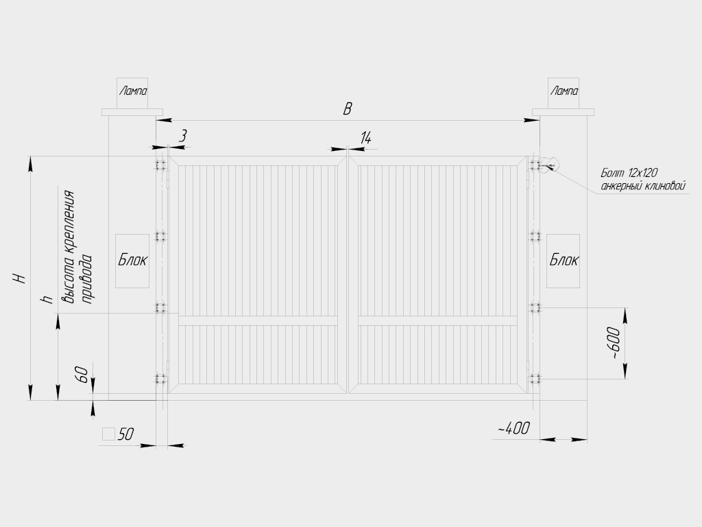 Навесные столбы. Столбы крепятся анкерными болтами к столбам проема.